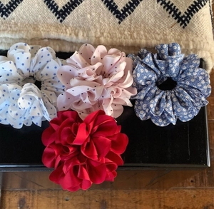 Assorted chiffon scrunchies set featuring floral, polka dot, and solid color designs