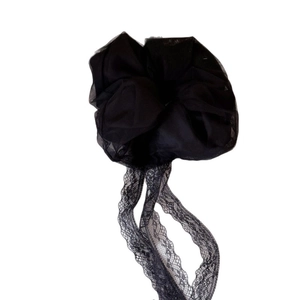 Elegant black leopard lace scrunchie with long ribbon streamers and mesh design