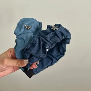 Cerchietto a Tesa Larga Pieghettato in Denim Stile Coreano Per Donna Fiocco con Strass Cerchietto per Capelli Casual Quotidiano