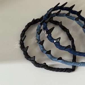 Denim woven headband set with rhinestones and hair teeth in three shades of blue