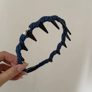 Denim braided headband with rhinestone bows and edgy spiked teeth for women