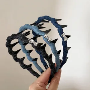 Denim Woven Bow Rhinestone Headband With Inner Teeth Vintage Fashion Hair Hoop For Women Daily Hair Accessories