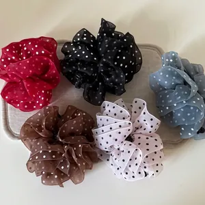 French Elegant Mesh Polka Dot Banana Hair Clip Pleated Mesh Large Ponytail Holder For Women Vintage Polka Dot Ruffle Hairclip Hair Accessories