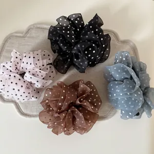 Set of four sheer organza polka dot scrunchies in black, pink, brown and blue colors