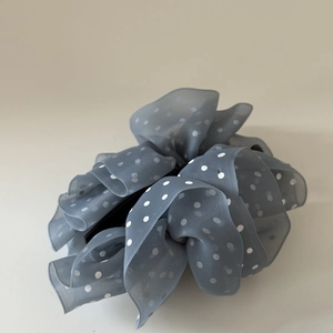 Elegant French style banana hair clip with grey polka dot mesh and ruffled cloud design