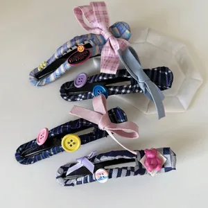 Handmade Fabric Bowknot Hair Clip For Women Plaid Striped Duckbill Clip With Resin Buttons Bear Decor Fashion Headwear