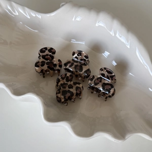 Set of 4 mini leopard print hair claws in a white shell tray for elegant styling