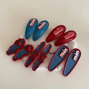 Vintage red and denim blue heart bow hair clip set with min letter decoration