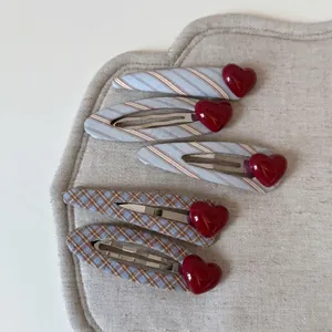 Fermaglio per Capelli Vintage a Quadri e Righe con Cuore Donna Blu Caffè Tessuto Metallo Clip BB Accessori Capelli