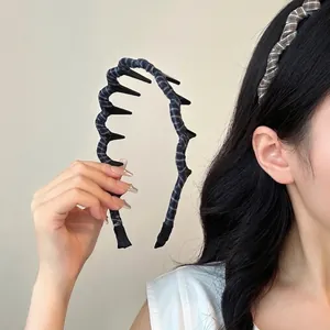 Vintage Plaid Cloth Wrapped Headband With Teeth Anti-Slip British Style Checkered Hairband For Women Daily Hair Accessories