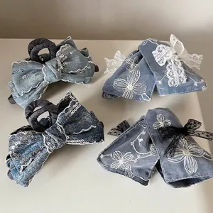 Koreanischer Stil Denim Spitze Bogen Haarklammer Für Damen Hochwertige Elegante Große Haarkralle Pferdeschwanz Haarschmuck