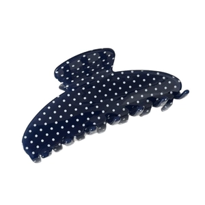 French vintage dark blue hair claw clip with white polka dots for elegant styling