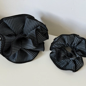 Navy blue plaid oversized scrunchie set featuring two pieces with fine black piping edges