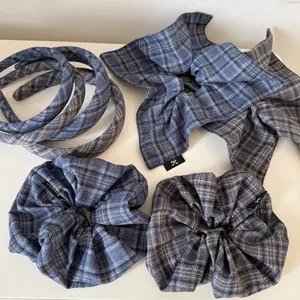 Korean Style Blue Gray Plaid Hair Accessories Set Vintage Checkered Headband Cloth Scrunchie Handmade Hair Ties For Women