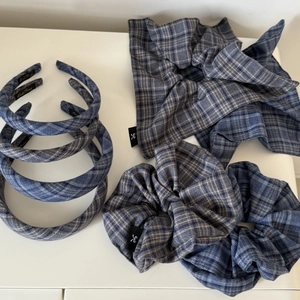 Blue and beige plaid hair accessory set including headbands and scrunchies in fabric