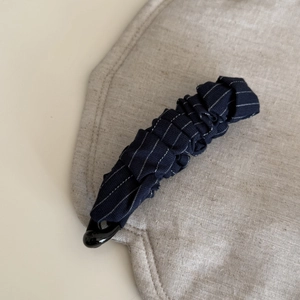 Pleated navy blue striped fabric banana hair clip for high ponytail styling