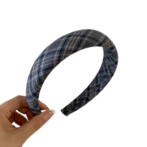 Blue and grey plaid padded headband for women with vintage checkered fabric design
