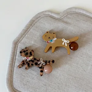 Cute Acetate Cat Bowknot Hair Clip Leopard Print Duckbill Side Clip With Rhinestone Artificial Pearl Handmade Hair Accessories For Women
