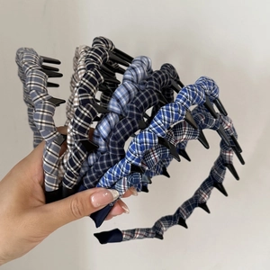 Serre-tête rétro en tissu à carreaux bleus avec peignes antidérapants style collège