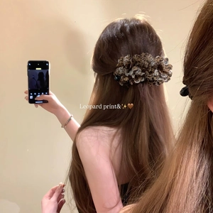 Retro Leopard Print Floral Banana Hair Clip For Women Elegant Fabric Flower Vertical Ponytail Hair Claw Clip Hair Accessory