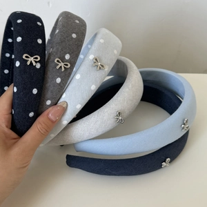 Polka dot denim sponge headbands set in navy, gray and blue with metal butterfly charm