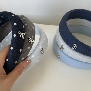 Denim polka dot padded sponge headband set with silver bow charms for women