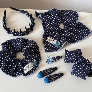 Navy Blue Polka Dot Fabric Hair Accessories Scrunchie Headband Hair Clip Bow Cherry Decor Handmade Fashion Commute Women Hair Jewelry