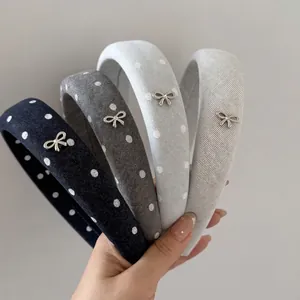 Denim Polka Dot Wide Padded Sponge Headband For Women Elegant High Crown Hair Band With Metal Bow Rhinestone Daily Accessories