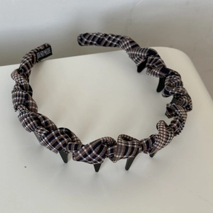 Classic brown plaid fabric twisted headband with inner teeth for secure hair styling