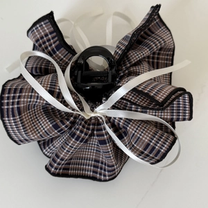 British style checkered fabric hair claw clip with white satin bow detail for women