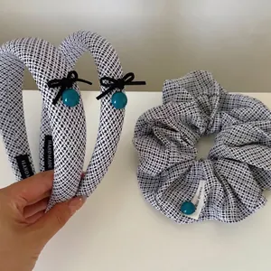 Vintage Diagonal Texture Fabric Headband And Scrunchie Set With Ribbon Bow Artificial Pearl Decor For Women Fashion Hair Accessories