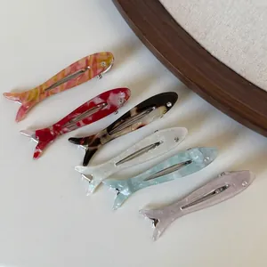 Cute Fish Shaped Acetate Hair Clip With Rhinestone Marble Texture Duckbill Clip For Women Girls Sweet Hair Accessories