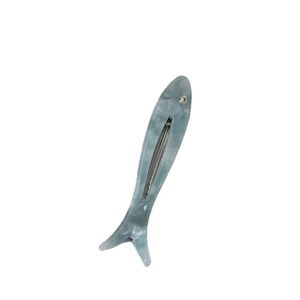Cute fish-shaped acetate hair clip with blue marble pattern and rhinestone eye detail