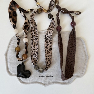 Retro leopard print scarf necklaces with resin beads and a black heart pendant