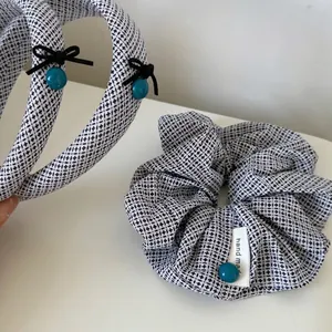 Blue plaid scrunchie and sponge headband set with bow and bead accents