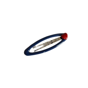 Navy blue hollow oval hair clip with a small red 3D heart on a minimalist metal base