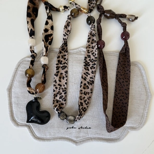 Brown leopard print silk scarf necklace with beads and heart pendant for women