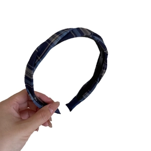 Classic blue plaid headband with anti-slip teeth and stylish cross-knot design