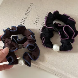 Korean Style Contrast Ruffle Edge Satin Scrunchies With Faux Artificial Pearl Decorative Leopard Gingham Hair Ties For Women Fashion