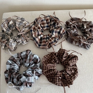 Five-piece set of plaid bow scrunchies in brown and beige tones for elegant hairstyles