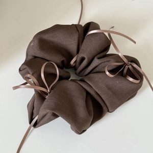 Brown ballet style scrunchie with twill fabric and ribbon bows for buns and ponytails