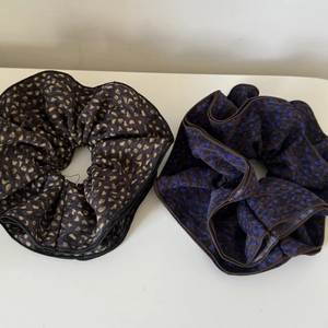 Set of large leopard print scrunchies in vintage brown and navy blue patterns
