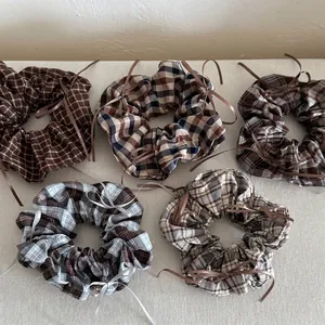 Vintage Plaid Hair Scrunchies With Satin Bowknot Large Elastic Hair Ties For Women Retro Fabric Ponytail Holder Accessory