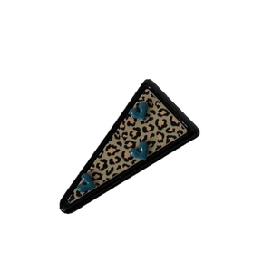 Leopard print heart hair clip with dark teal 3D hearts and black glossy trim