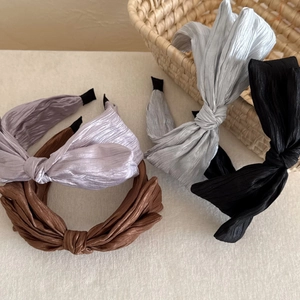 Set of four pleated bow headbands in lavender, brown, silver grey and classic black