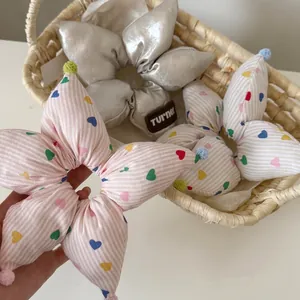 Cute Korean style oversized padded star hair scrunchie with colorful pom-pom edges