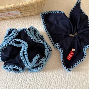 French style navy blue scrunchie set with bowknot and delicate embroidery details