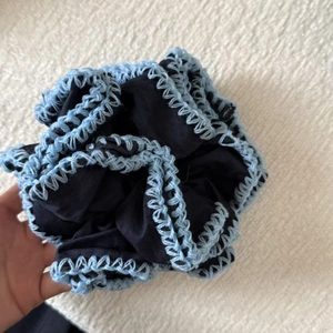 French style navy blue pleated hair scrunchie with light blue crochet trim detail