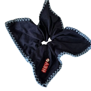French style navy blue square scrunchie with apple embroidery and wavy stitching