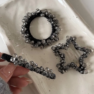 Three-piece grey beaded hair accessory set including star clip and round scrunchie